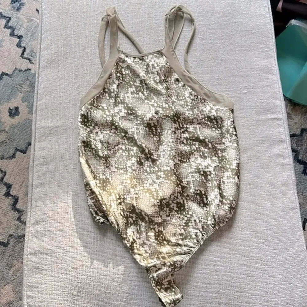 NEW Free People Night Out green Snake Skin print strappy thong Bodysuit